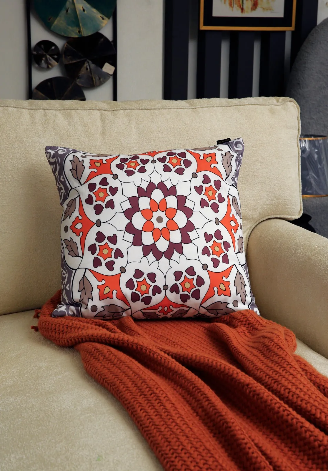 4 PCs Digital Printed Cotton Cushions-Orange Geometric