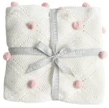 Alimrose - Baby Blanket Pom Pom Knit Ivory & Pink