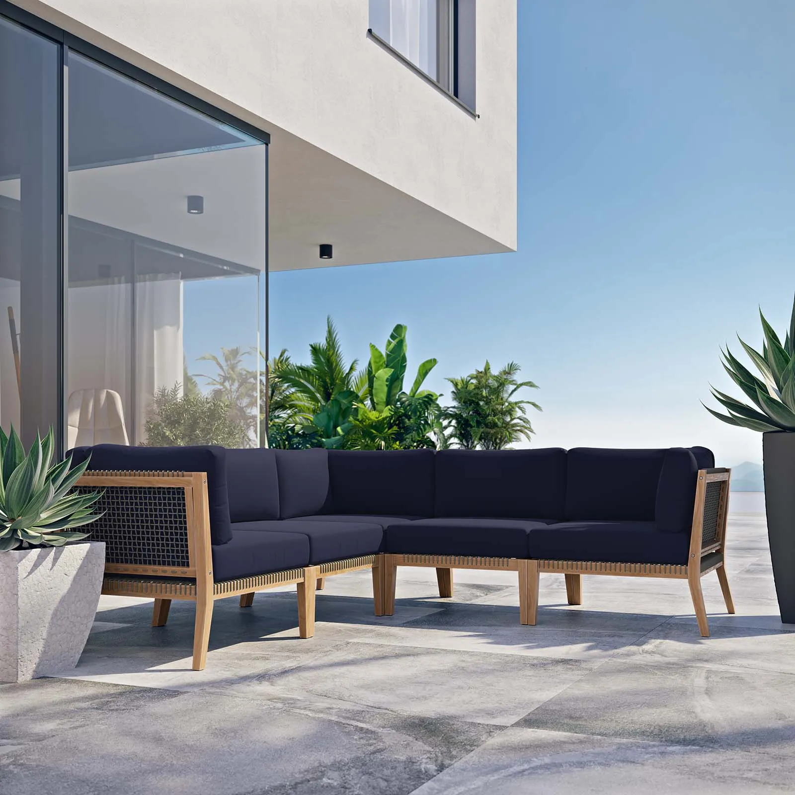 Clearwater Outdoor Patio Teak Wood 5-Piece Sectional Sofa Gray Navy EEI-6123-GRY-NAV