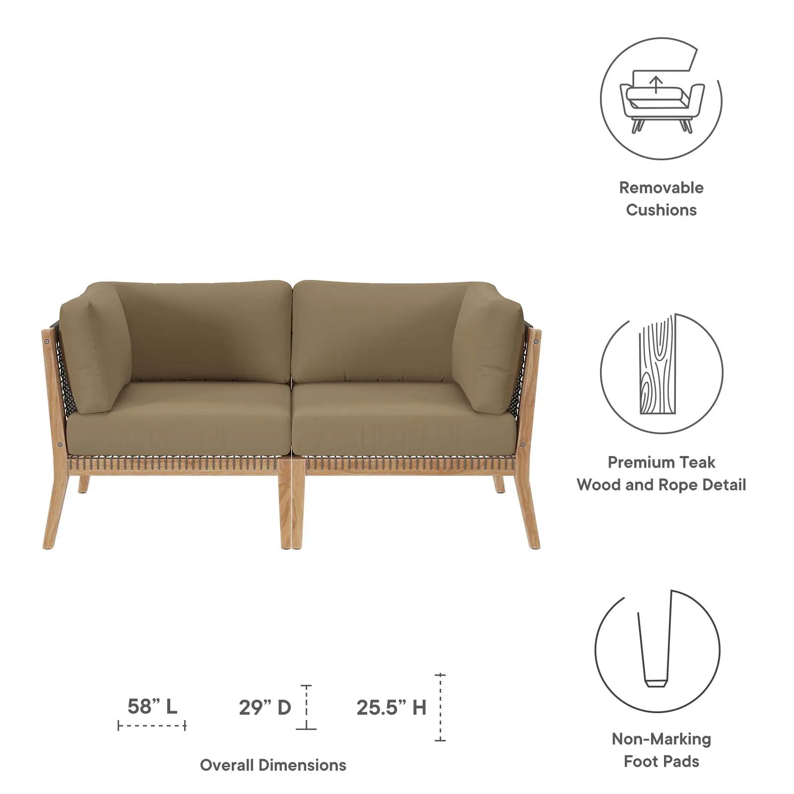 Clearwater Outdoor Patio Teak Wood Loveseat Gray Light Brown EEI-6119-GRY-LBR