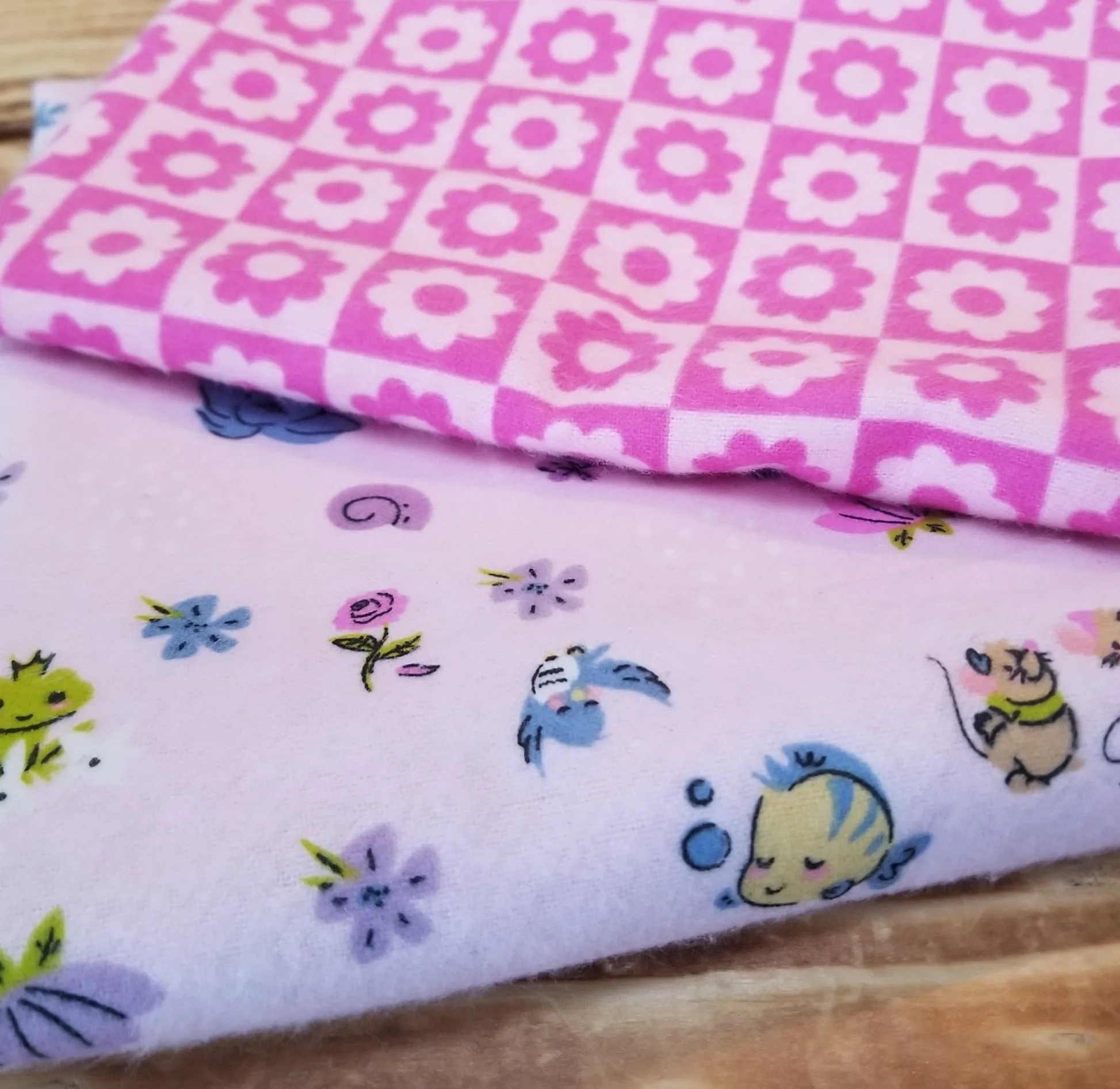 Deadstock Cotton Light Pink Flounder and Teapot Friends Print Flannel Woven- by the yard