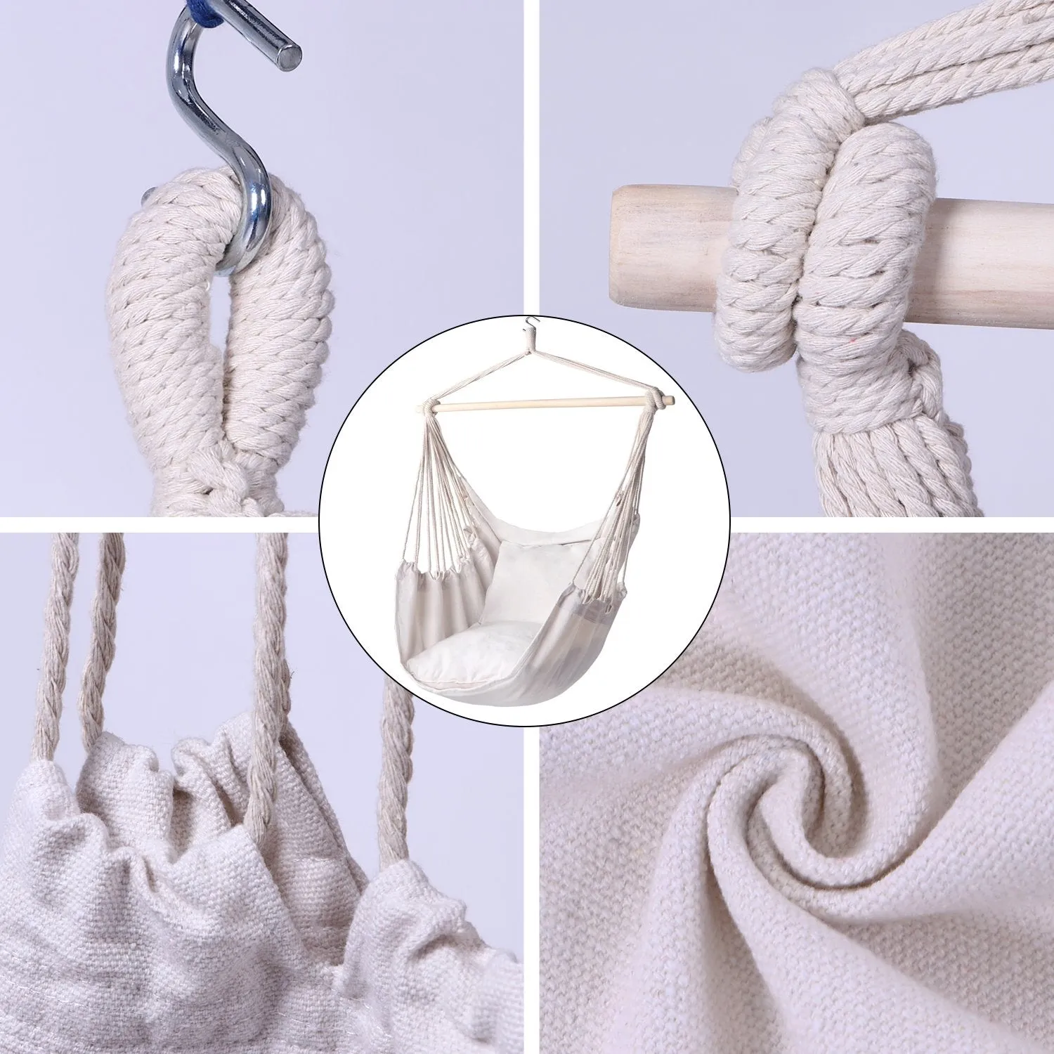 Hammock Chair Hanging Rope Swing with 2 Seat Cushions - Y- STOP