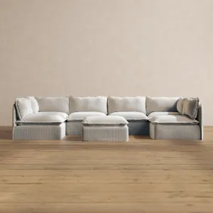 Modular Washable 6-Seater Open-Ends U-Sectional   Ottoman in Milk | Deluxe  Seat | Cloud Pillow