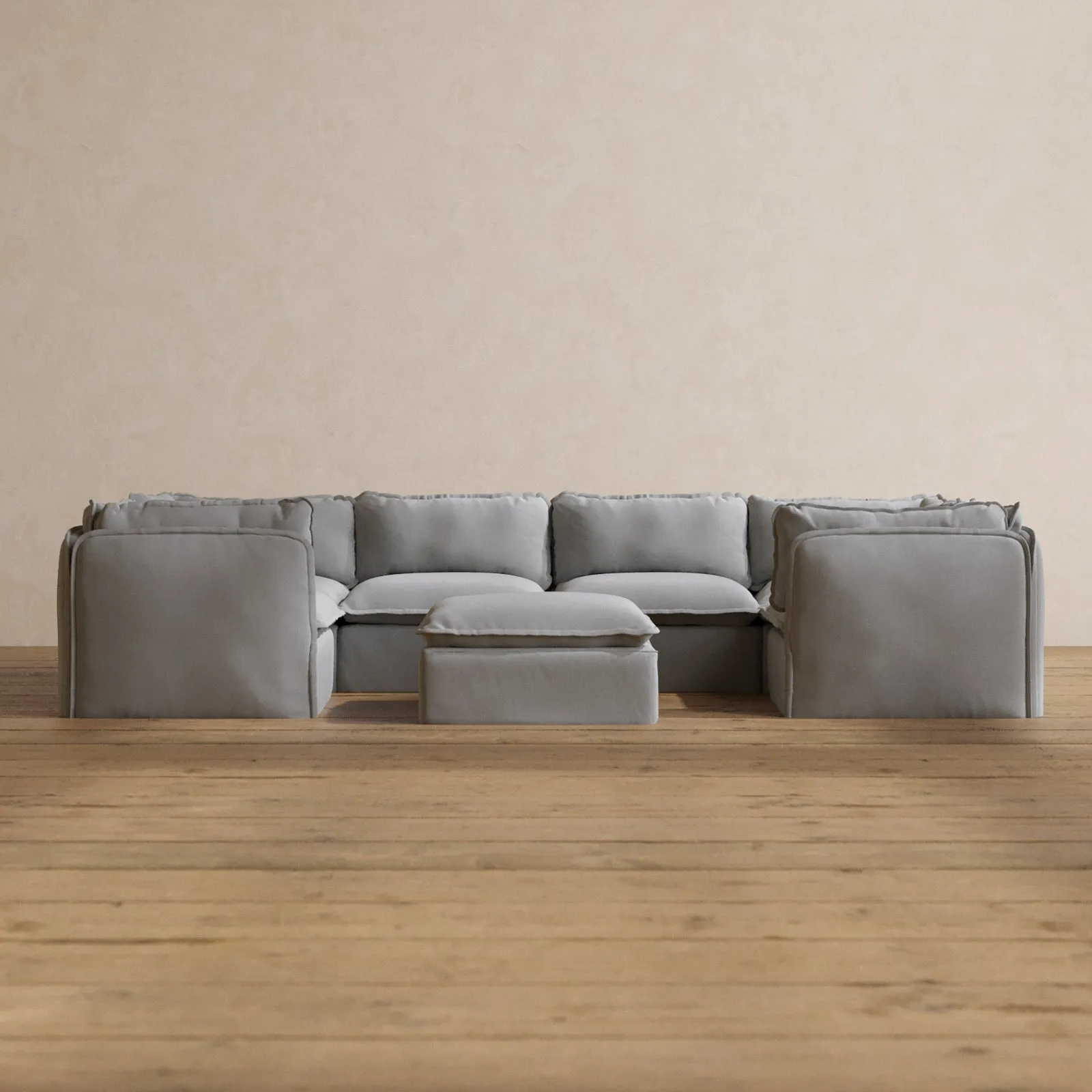 Modular Washable 6-Seater U-Sectional   Ottoman in Pumice | Memorix  Seat | Cloud Pillow