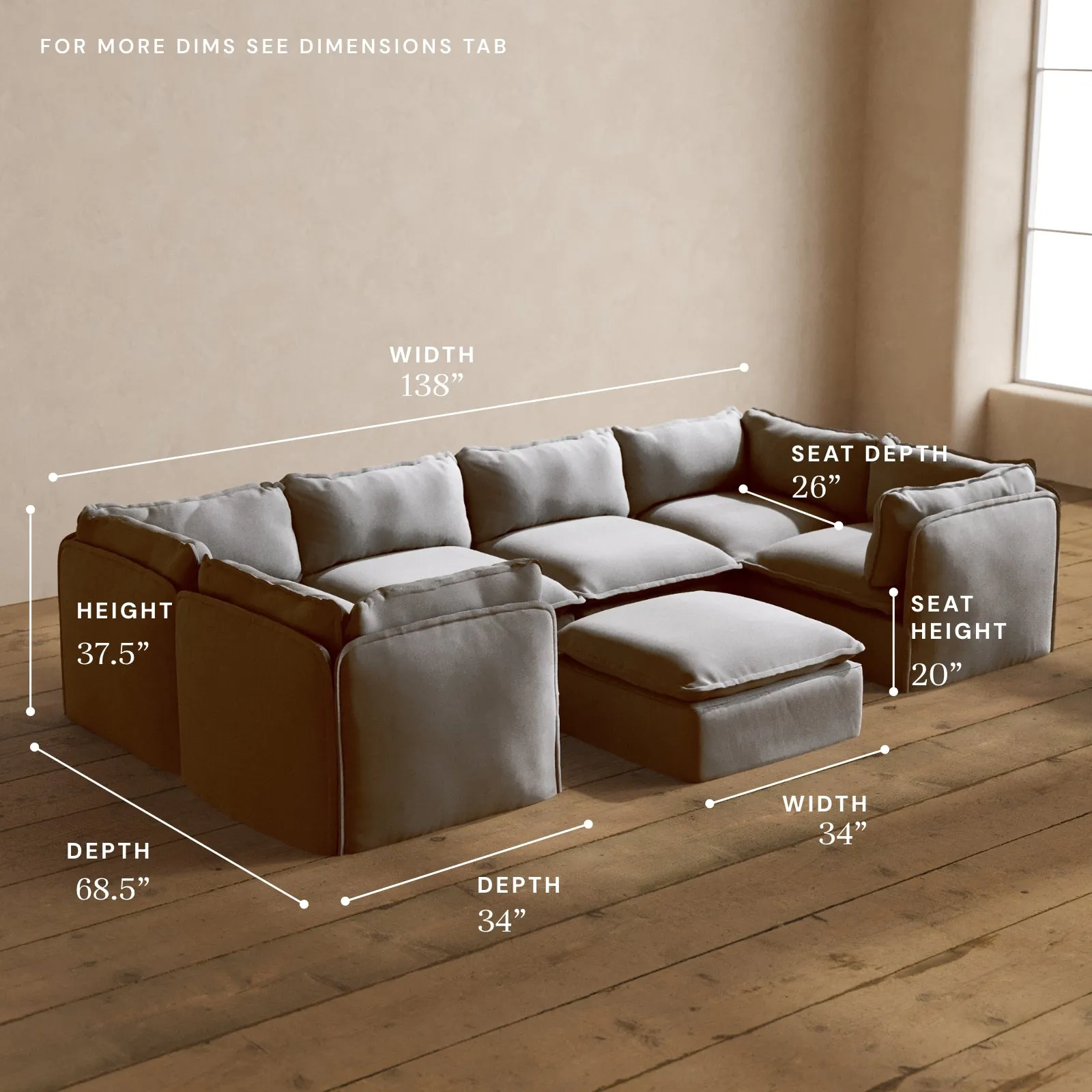 Modular Washable 6-Seater U-Sectional   Ottoman in Pumice | Memorix  Seat | Cloud Pillow