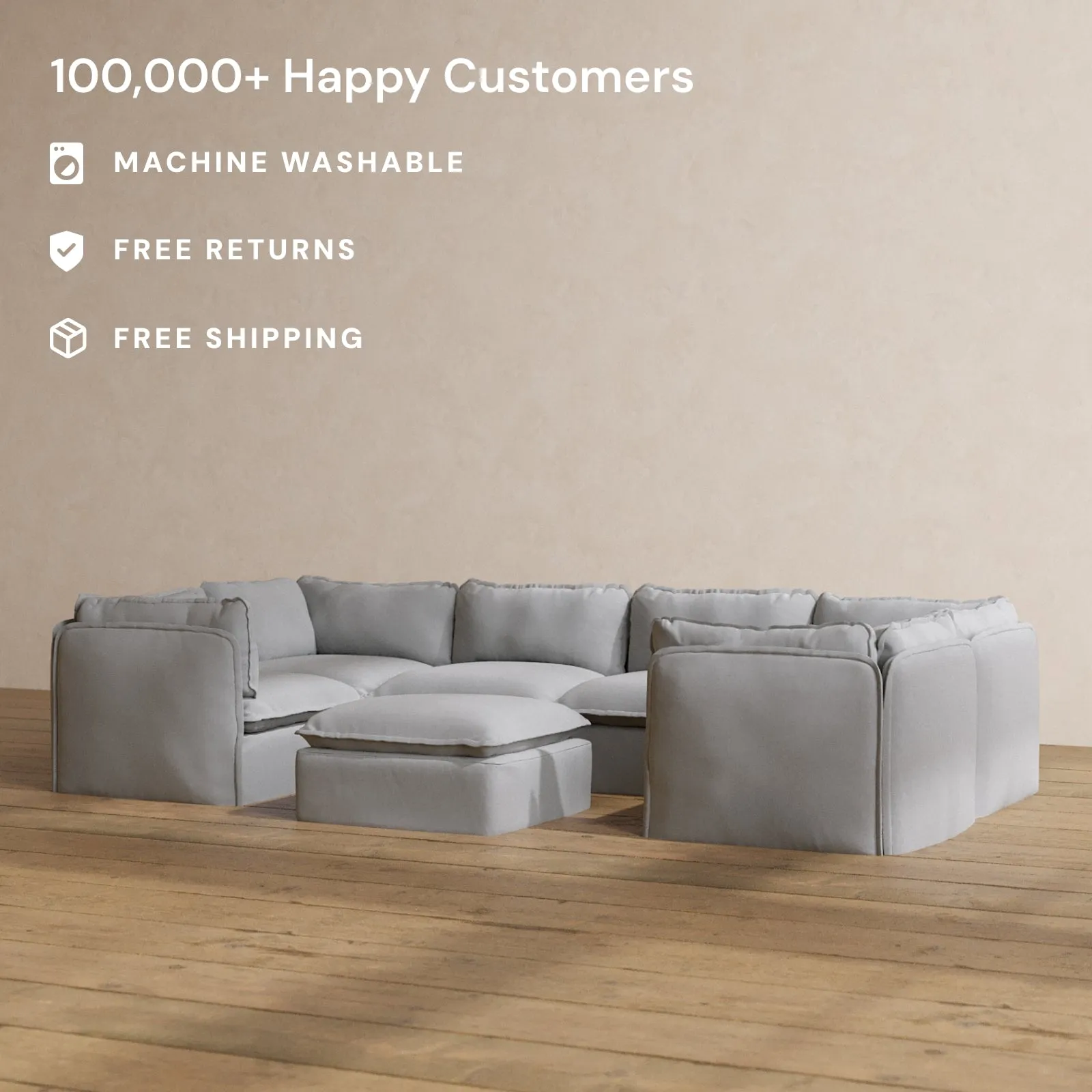 Modular Washable 6-Seater U-Sectional   Ottoman in Pumice | Memorix  Seat | Cloud Pillow