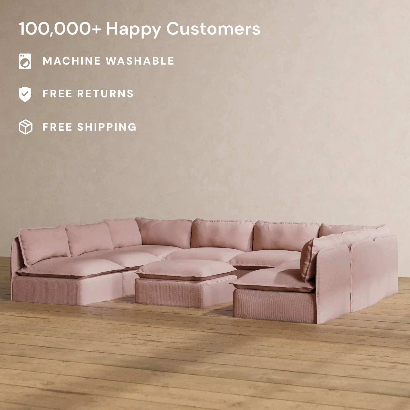 Modular Washable 8-Seater Open-Ends U-Sectional   Ottoman in Sakura | Memorix  Seat | Cloud Pillow