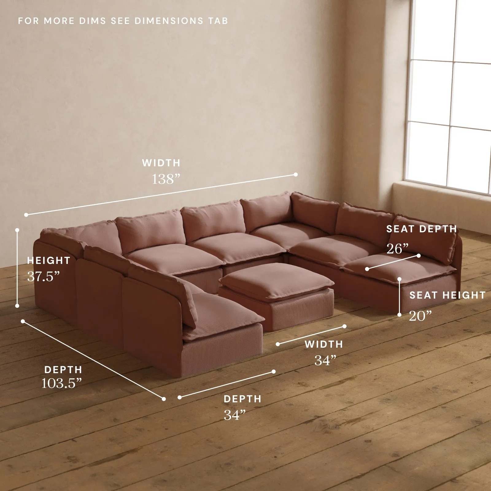 Modular Washable 8-Seater Open-Ends U-Sectional   Ottoman in Sakura | Memorix  Seat | Cloud Pillow