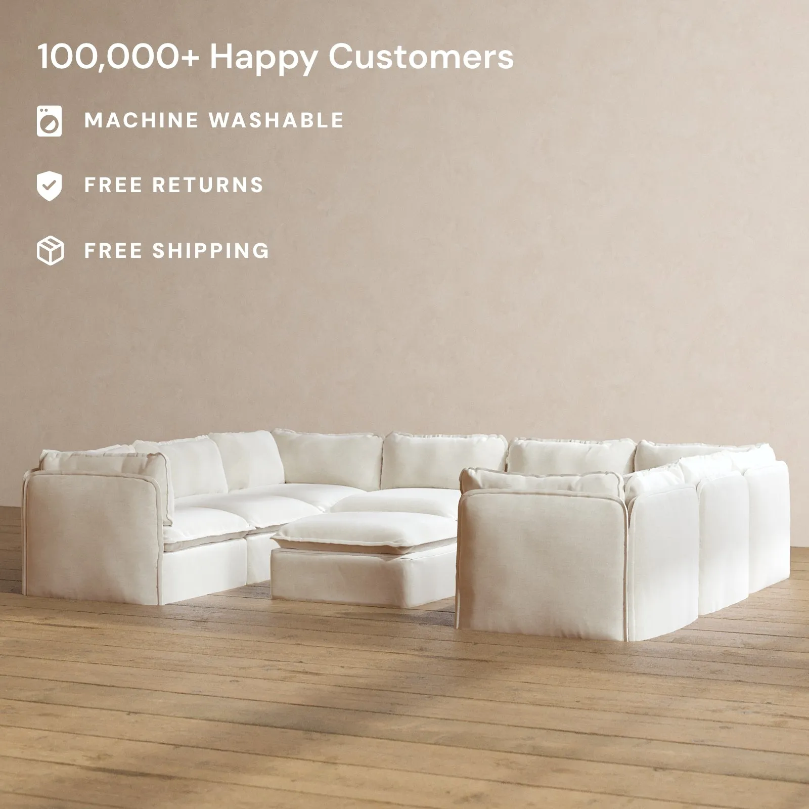 Modular Washable 8-Seater U-Sectional   Ottoman in Coco | Memorix  Seat | Cloud Pillow