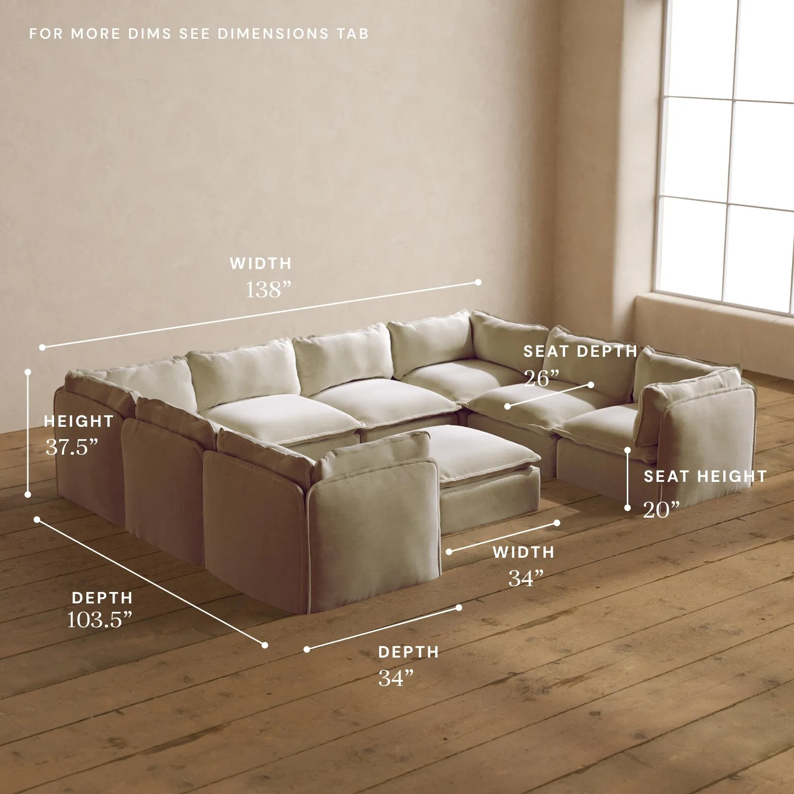 Modular Washable 8-Seater U-Sectional   Ottoman in Coco | Memorix  Seat | Cloud Pillow