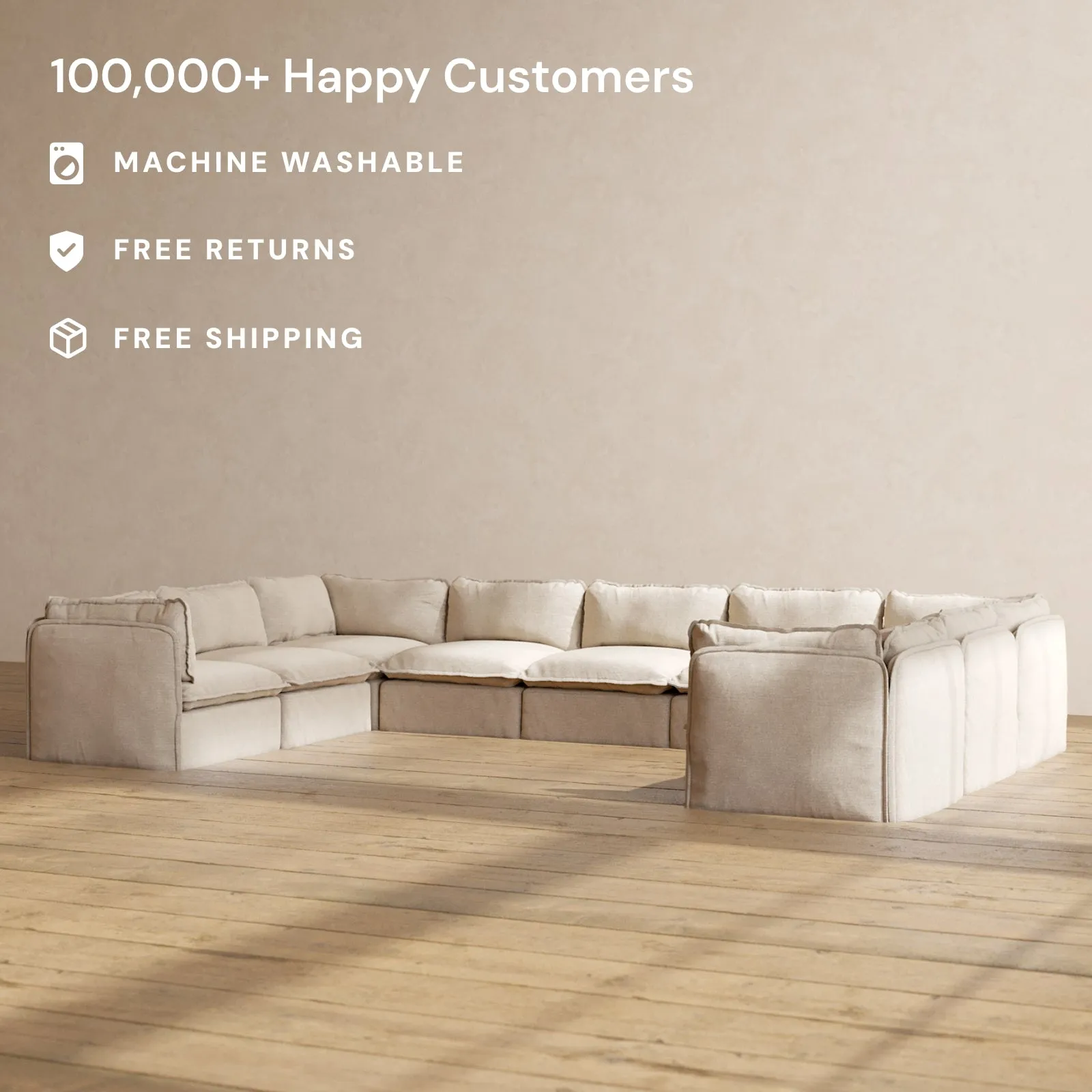 Modular Washable 9-Seater U-Sectional in Oat | Deluxe  Seat | Contour Pillow