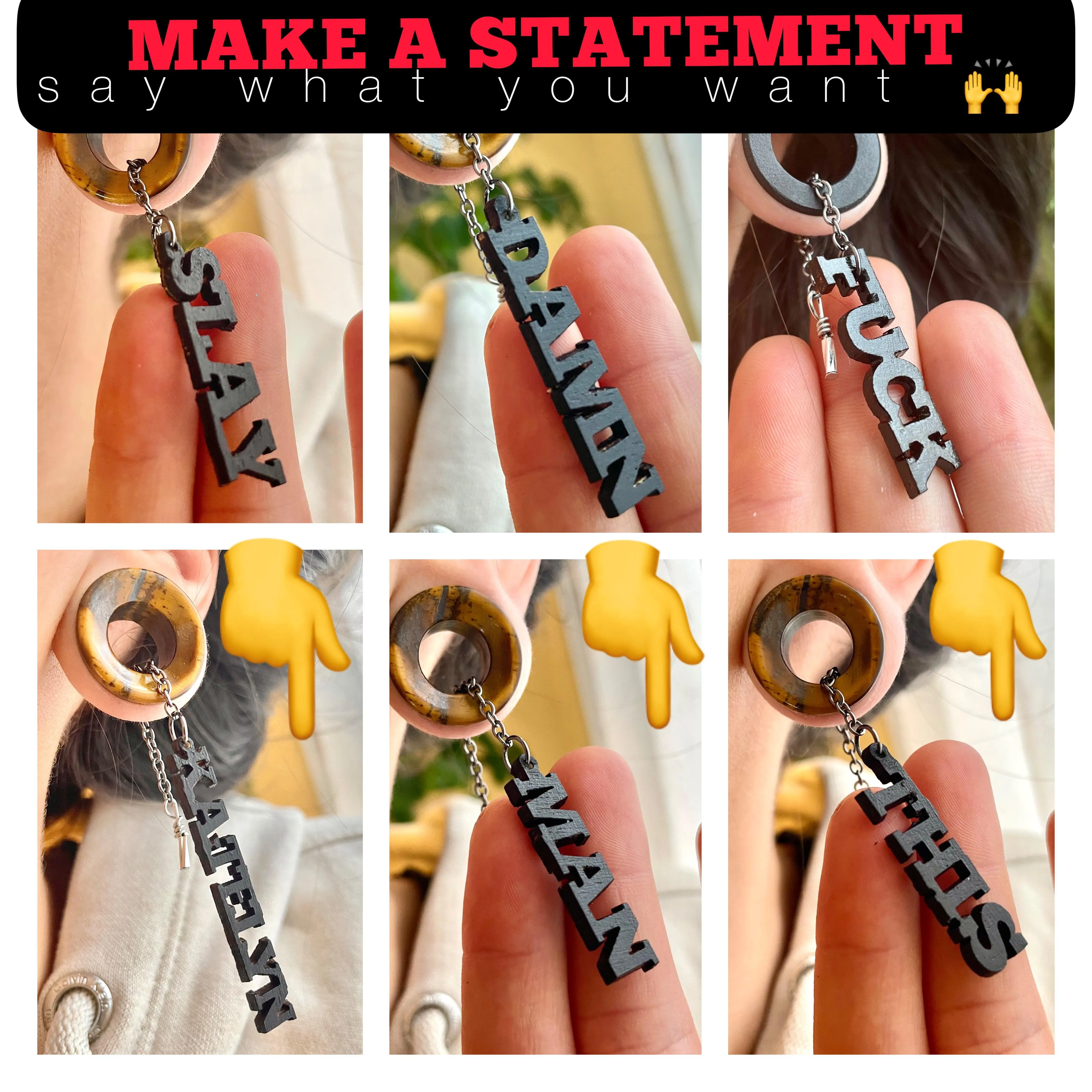 Say What You Want- Personalized Word Dangles with ECJ Magnetic Dangle Tunnels- Wood & Stone Gauges