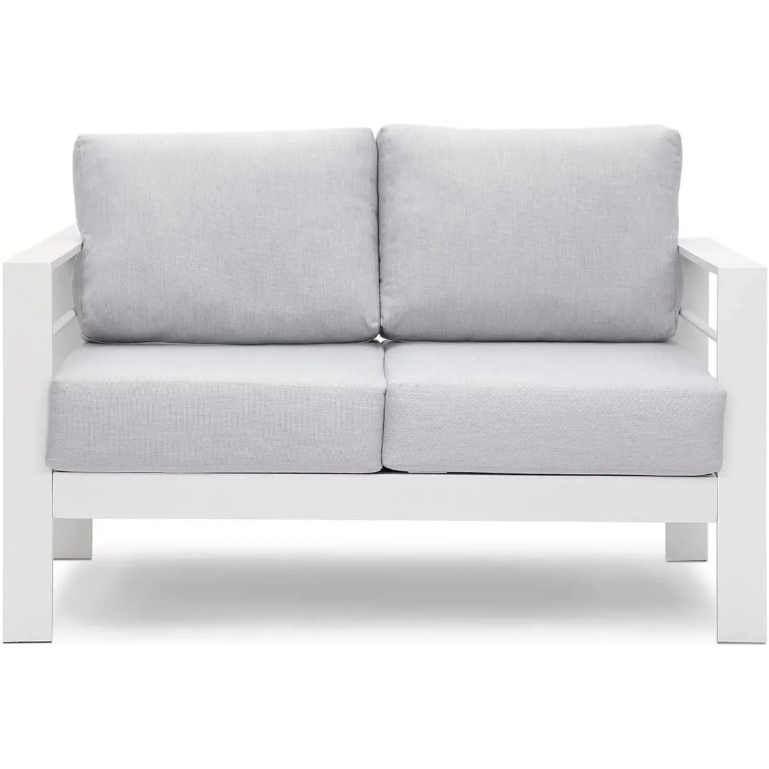 Superjoe Outdoor 2-Seat Patio Aluminum Loveseat Sofa Couch Furniture with Light Grey Cushions, White