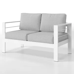 Superjoe Outdoor 2-Seat Patio Aluminum Loveseat Sofa Couch Furniture with Light Grey Cushions, White