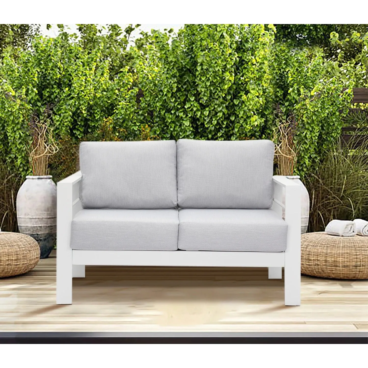 Superjoe Outdoor 2-Seat Patio Aluminum Loveseat Sofa Couch Furniture with Light Grey Cushions, White