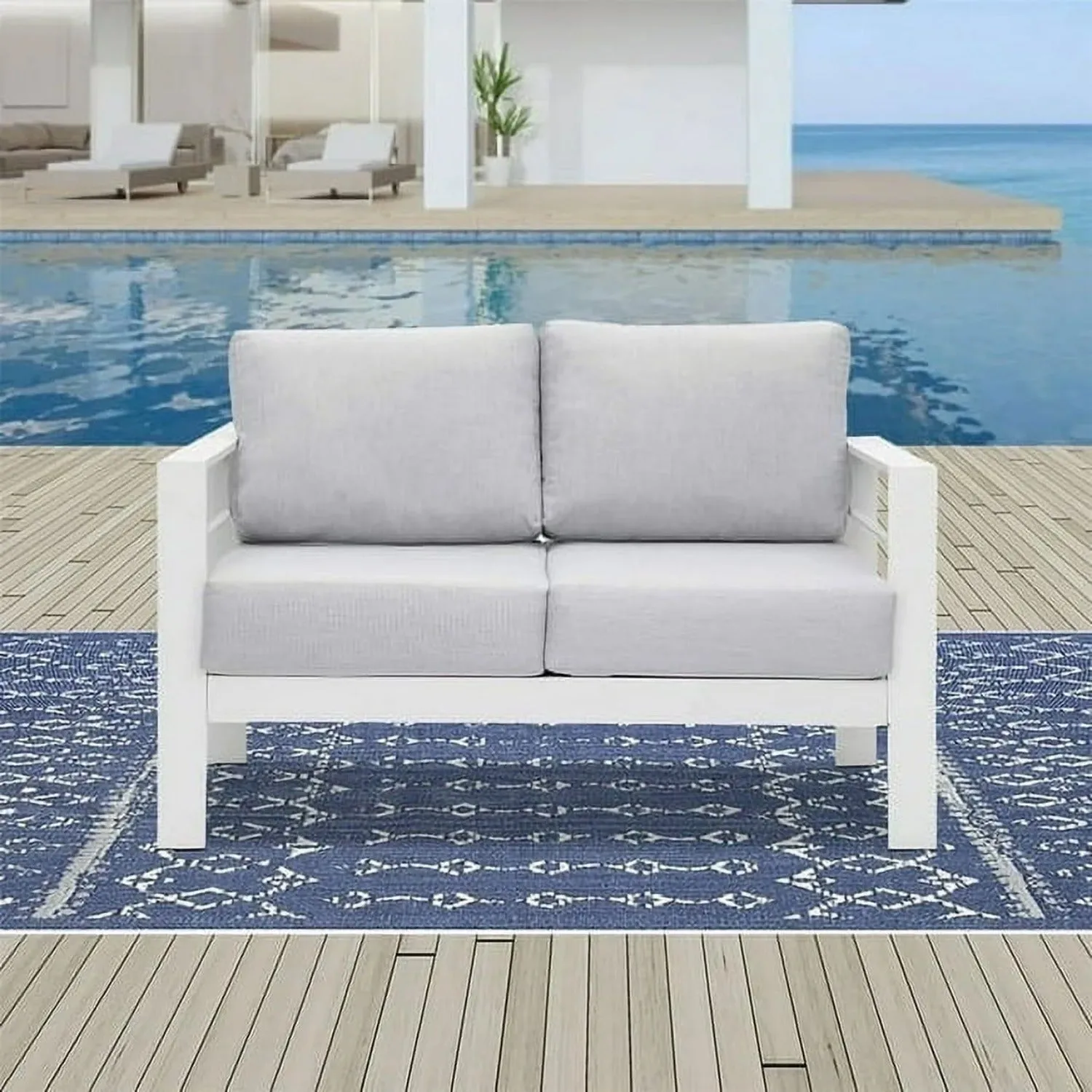 Superjoe Outdoor 2-Seat Patio Aluminum Loveseat Sofa Couch Furniture with Light Grey Cushions, White