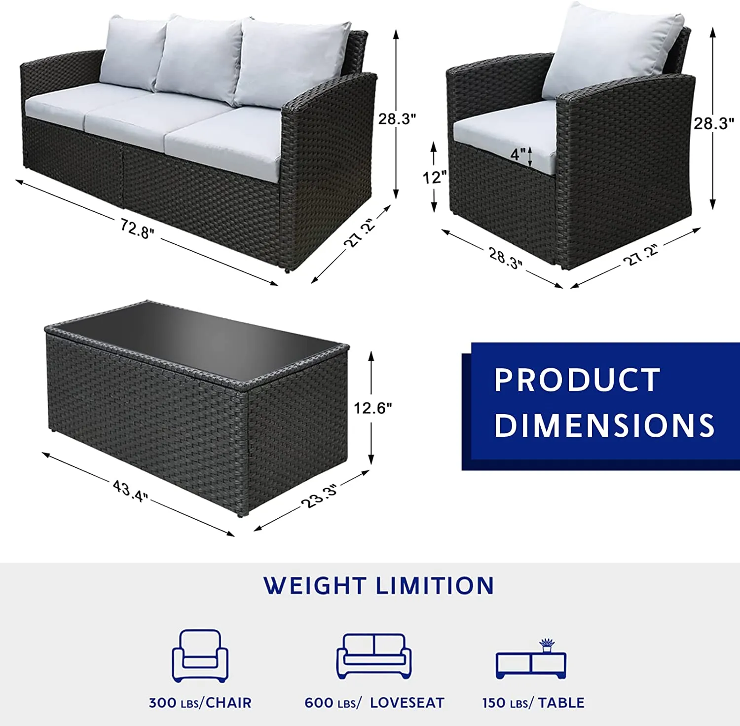 Wicker Patio Furniture Set,4 Pieces Outdoor Conversation Set